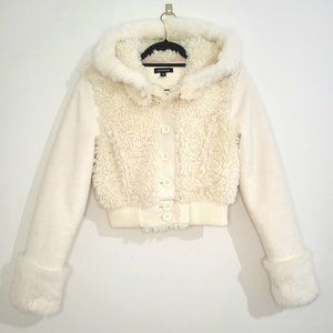 bebe Ivory Rabbit Fur Teddy Cropped Jacket, Size S